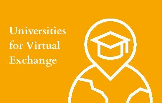 Imagen con el texto Universities for Virtual Exchange sobre fondo naranja, acompañada de un icono de ubicación con un birrete en el interior, colocado sobre un globo terráqueo.