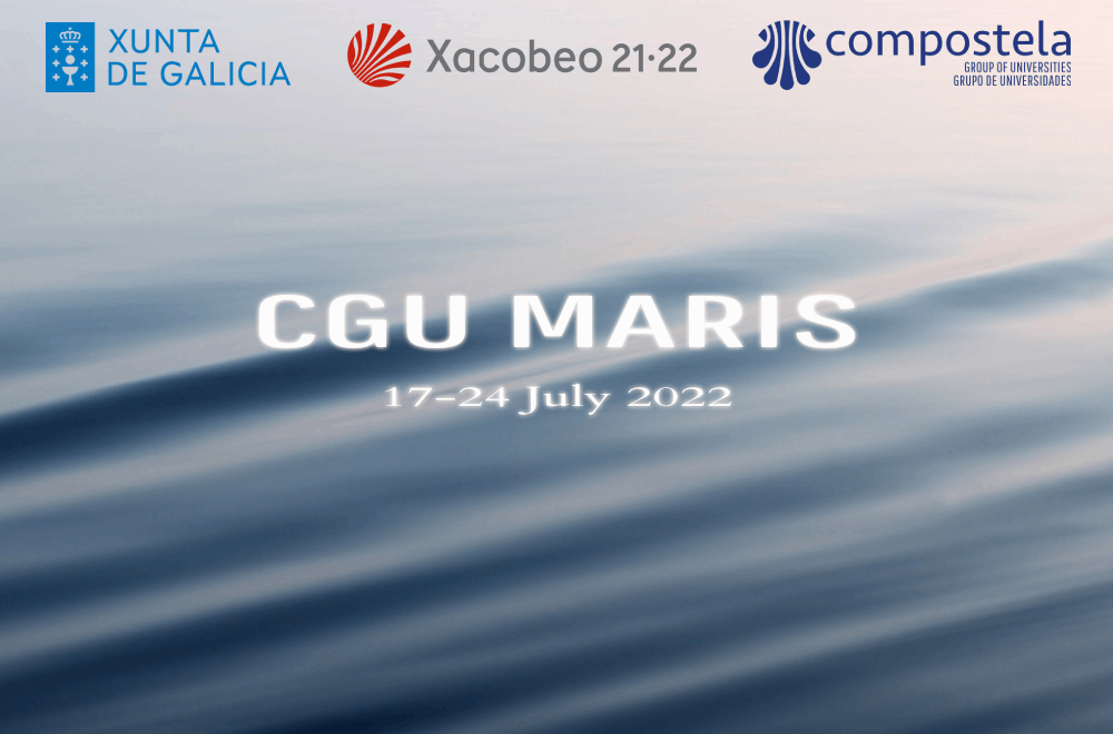 Background image illustrating the movement of water with the name of the CGU Maris project and the dates on which it will be implemented, from 17 to 24 July 2022. The logos of the Xunta de Galicia, Xacobeo 21-22 and the Compostela Group of Universities appear at the top, in this order, from left to right.