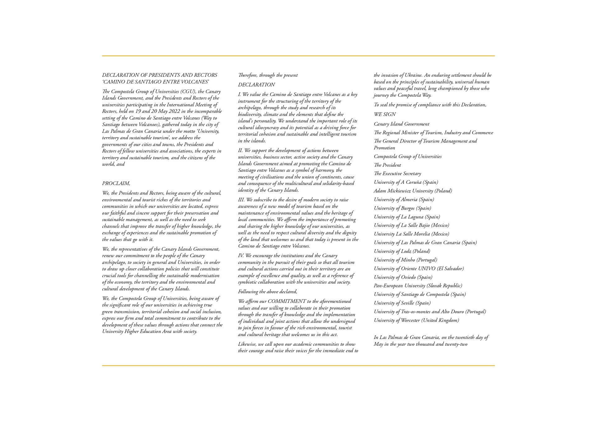 Declaration of Presidents and Rectors 2022 - Compostela Group of ...