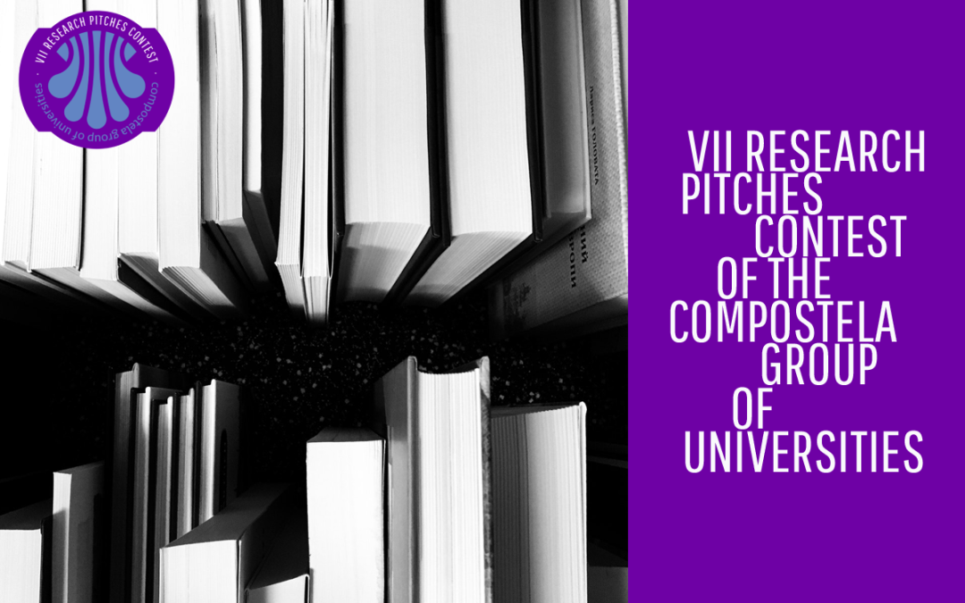 The logo of the VII Research Pitches Contest of the CGU appears in the top left corner over a photograph of black and white books. On the right, on a purple background, the edition and name of the contest appear in white letters.