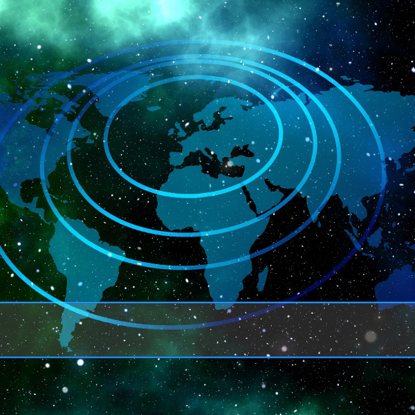 The image of an electric blue world map with circular waves orbiting over it. The world map is set against a light blue background. 
