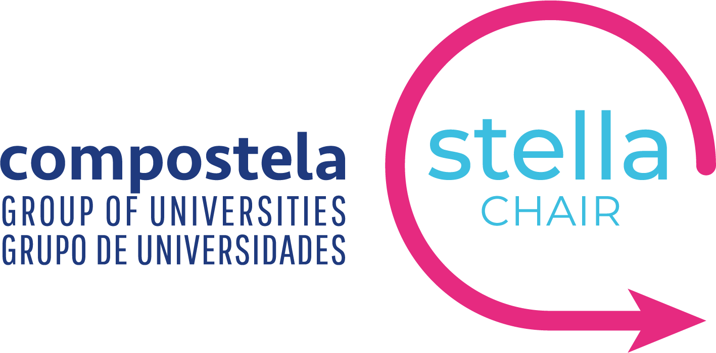 In the upper left corner, on a red block, Cátedra Grupo Chair Compostela Group of Universities-CETYS Chair 2023 appears. In the upper right corner, on a white block, the logos of CETYS University and the Compostela Group of Universities are shown. The central part of the image is occupied by an electric blue world map with circular waves orbiting over it. The world map is set against a light blue background. In the lower central part, the 2023 call is highlighted on a red button.